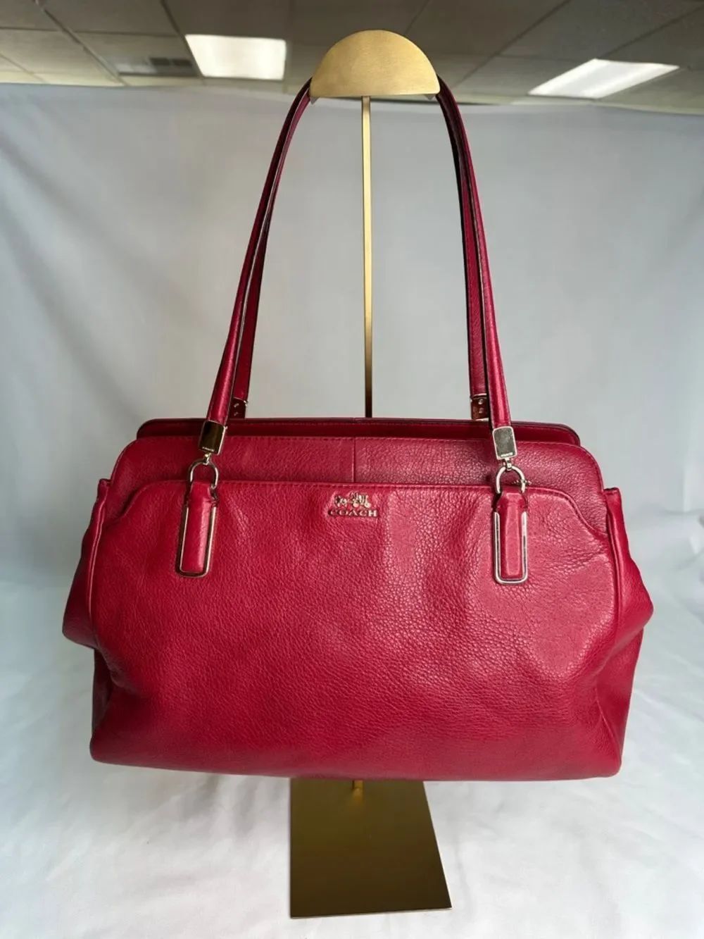 Coach Red Pebbled Leather Double-Handle Shoulder Bag with Gold Hardware